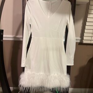 White Long Sleeve Dress with Faux Fur Hem